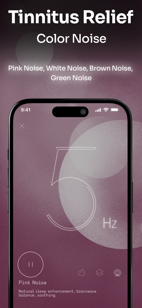 Anima app interface for tinnitus relief featuring color noise and 5 Hz frequency