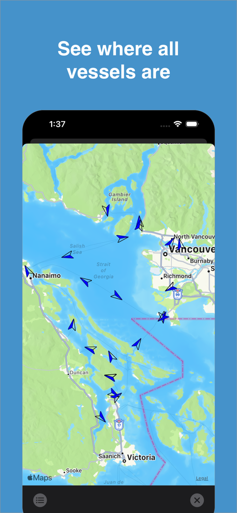 A map of British Columbia showing the real-time locations of ferry vessels between Vancouver and Victoria.