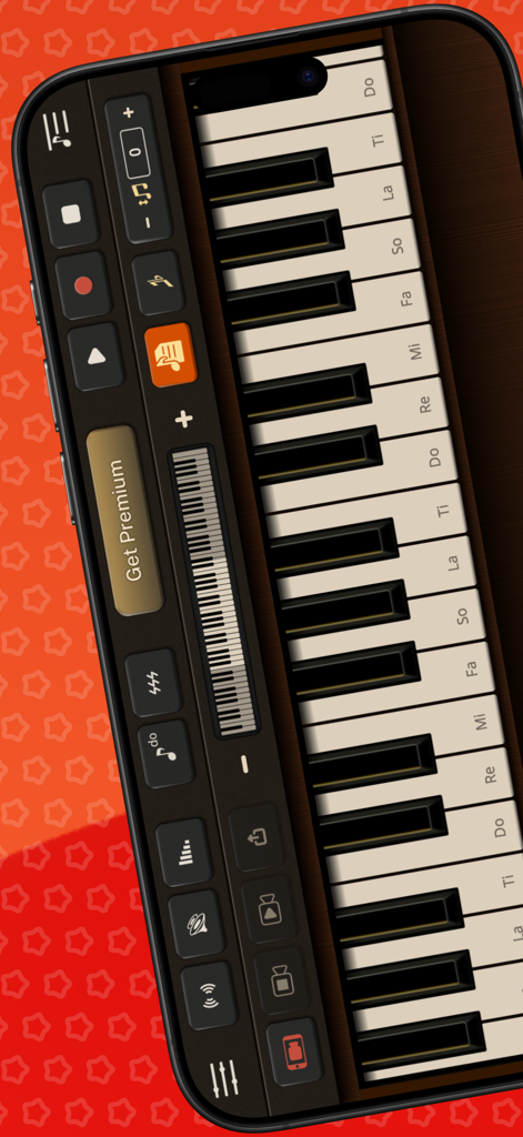 Piano Sim app interface showing a virtual piano keyboard with labeled keys and music production controls