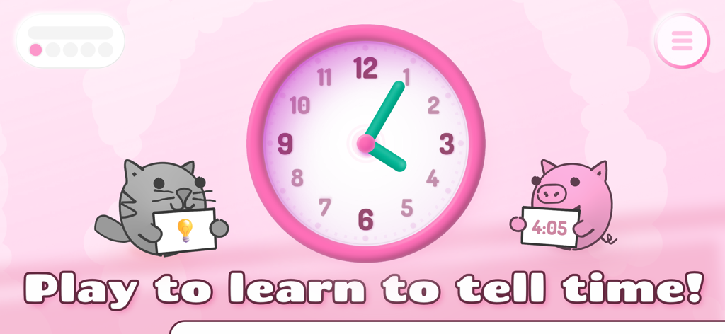 Lil Clock app interface showing a pink analog clock with cartoon cat and pig teaching kids how to tell time