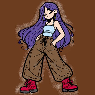 girl in baggy pants crop top and long hair
