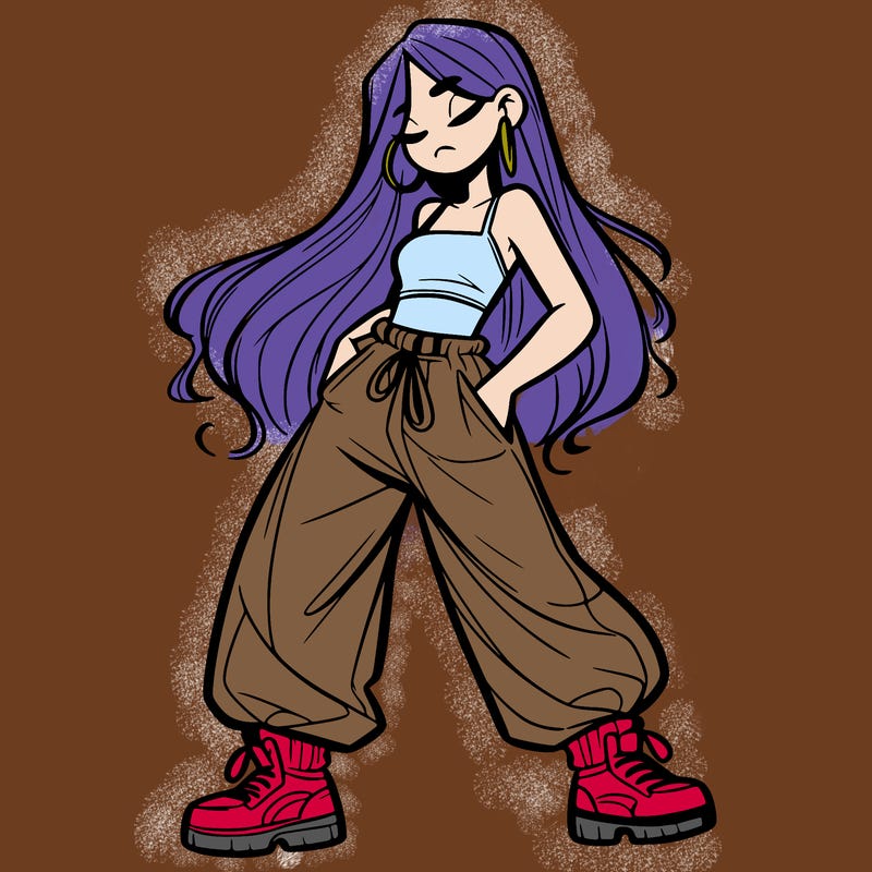 girl in baggy pants crop top and long hair