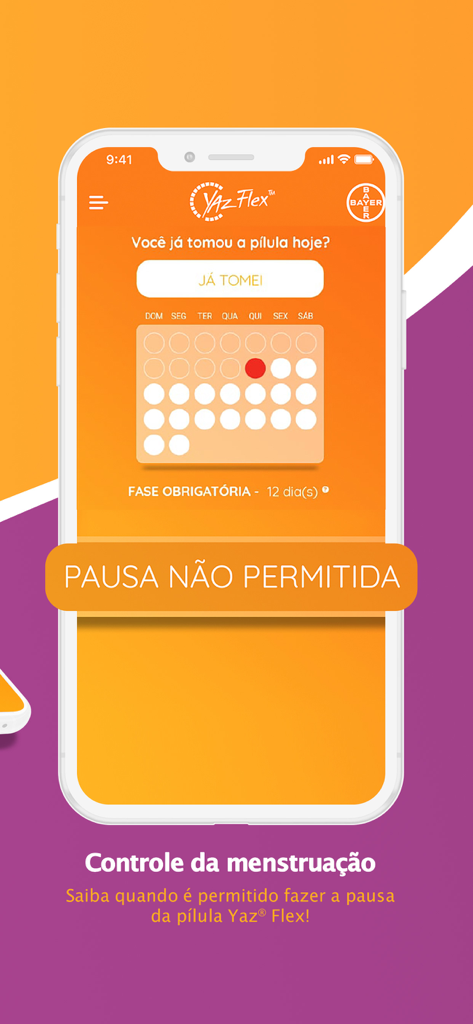 Yaz Flex - Yaz Flexアプリのインターフェースで、ピルトラッキングカレンダーと、現在休薬期間は許可されていないことを示す通知が表示されています。