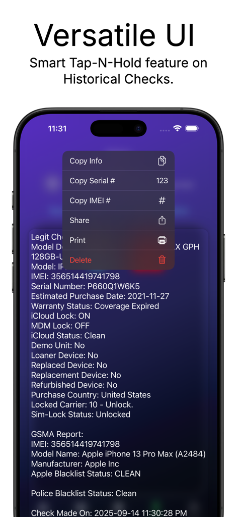 Interfaz de la aplicación móvil que muestra un menú contextual con opciones para copiar el IMEI y el número de serie de un informe de dispositivo.