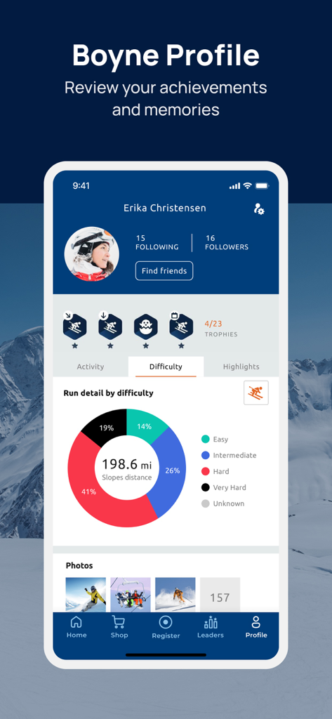 Cypress Mountain app profile screen showing ski run statistics and achievement trophies.