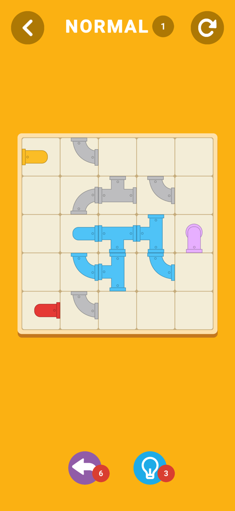 黄色い背景にカラフルな接続されたパイプのグリッドを示す、パイプマスターパズルゲームのインターフェース