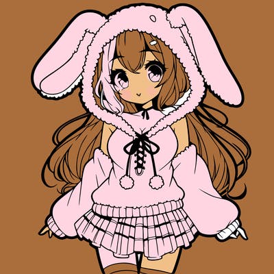 pretty anime girl wearing a fluffy hoodie with bunny ears on the hood and a skirt