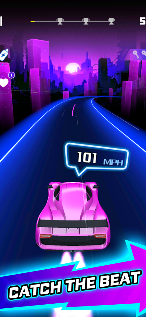 Rhythm Racer Music Go - Pink car driving on a glowing neon road in a cyberpunk city