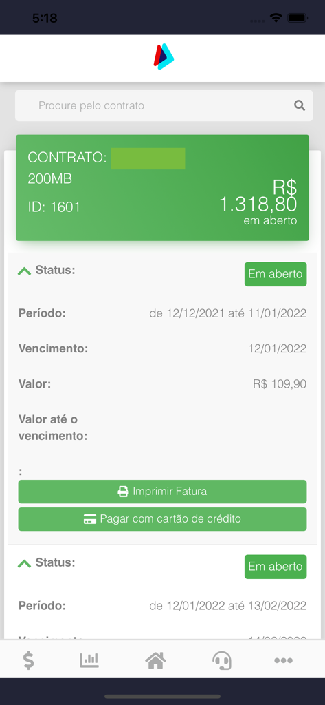 Pantalla de la aplicación móvil Provale Telecom que muestra información del contrato de internet y opciones para pagar o imprimir facturas.