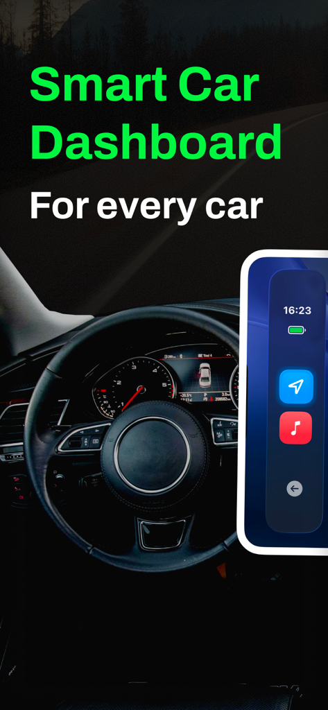 Smartphone exibindo uma interface de painel de carro inteligente com ícones de navegação e música sobrepostos a um fundo de volante de carro.