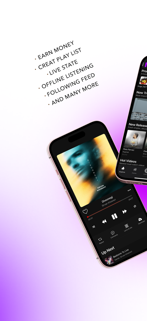 Karizo - Karizo music app interface showing offline listening and artist features
