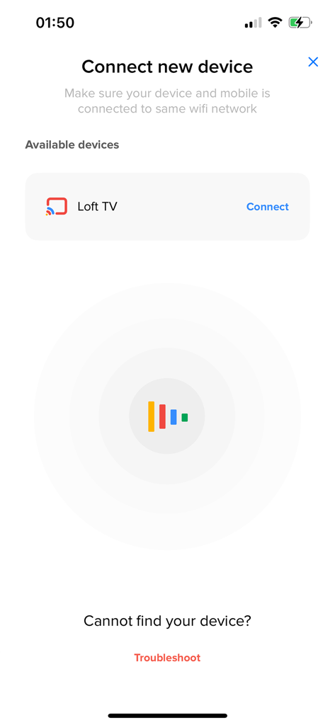 TV Cast for Google Chromecast - A tela de conexão de novo dispositivo mostrando uma TV Loft disponível para transmissão