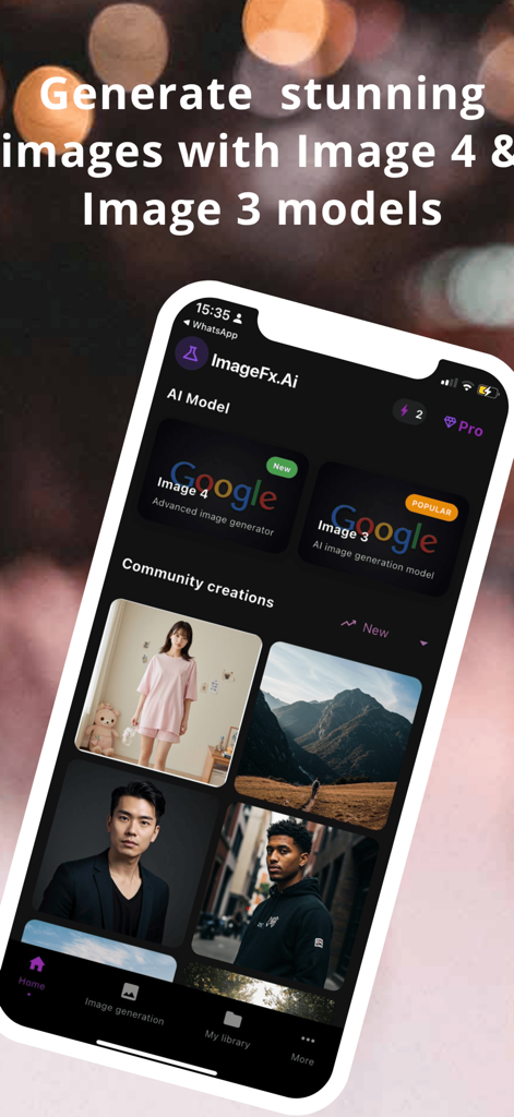 A smartphone displaying the Imagex AI app interface with Google AI models and a community photo gallery.