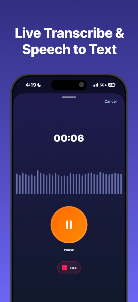 Transcribe Video to Text: Vid2 - 타이머와 파형이 있는 실시간 음성 텍스트 녹음 세션을 보여주는 인터페이스