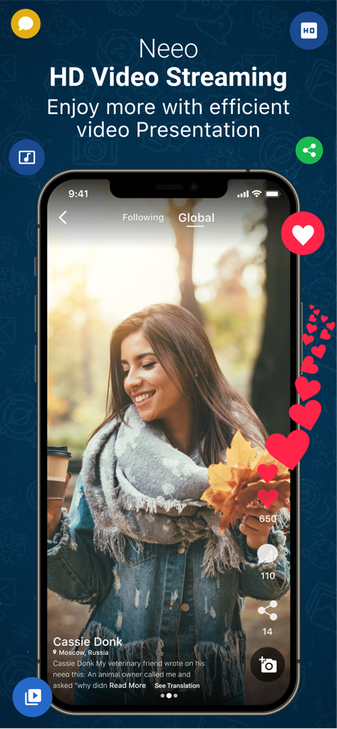 Neeo Messenger with Translator - Neeo Messenger app interface showcasing HD video streaming and social feed with post translation.