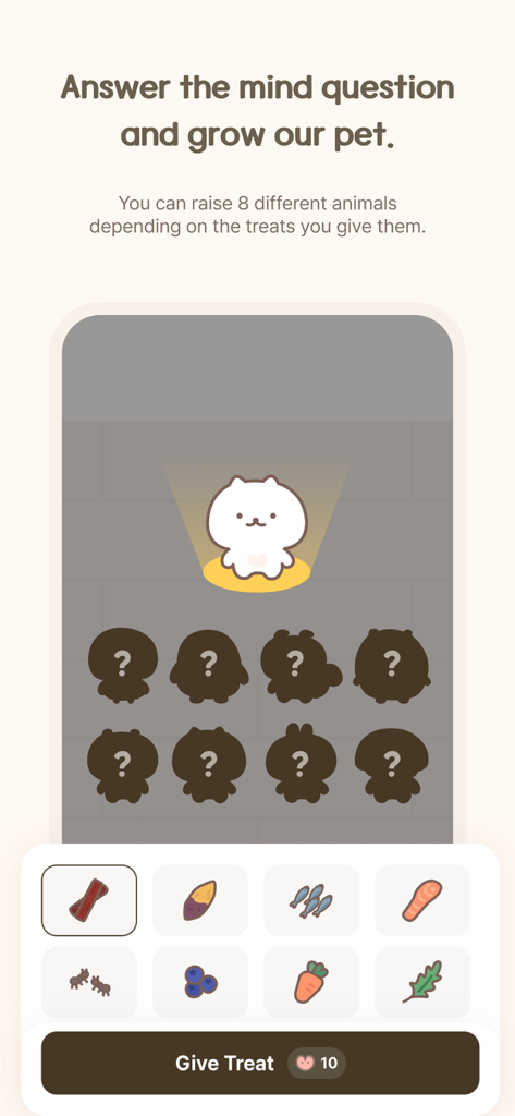 MindBridge - Mind Q&A, Diary - Interfaz de la app MindBridge que muestra una linda mascota blanca siendo criada con diferentes golosinas para desbloquear varios animales.