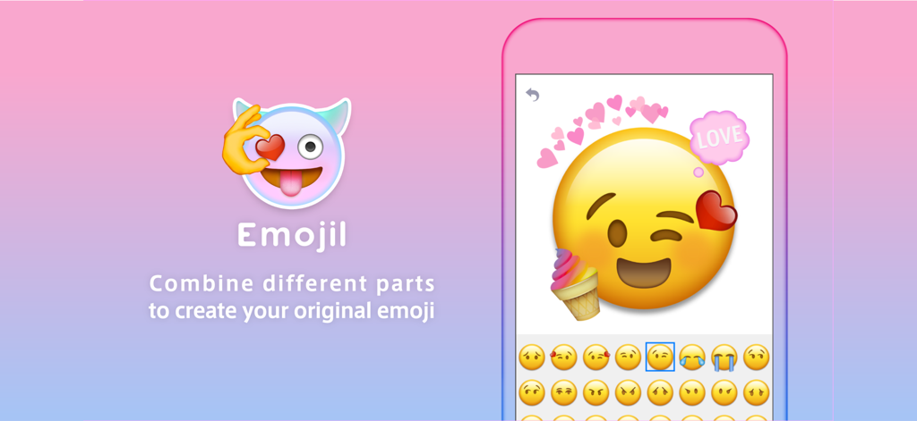 Emojil - Emojil app interface showing the creation of a custom winking emoji with pink hearts and stickers