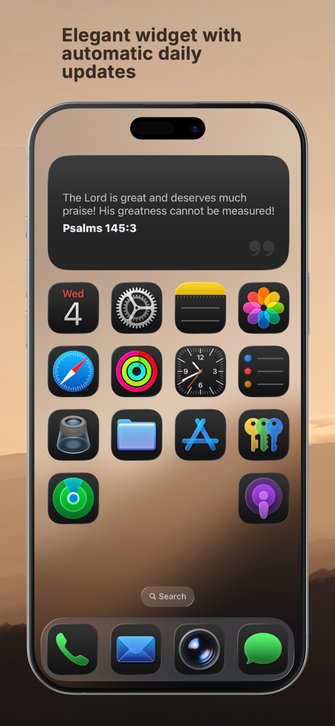 Écran d'accueil de l'iPhone montrant un élégant widget Bible AI en mode sombre avec un verset quotidien des Psaumes 145:3.