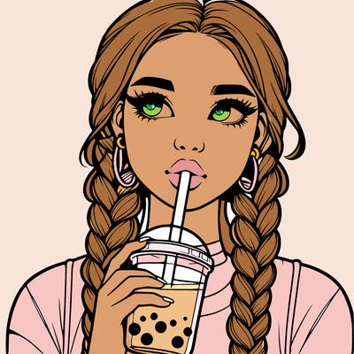 realistic girl with braided hair drinking boba