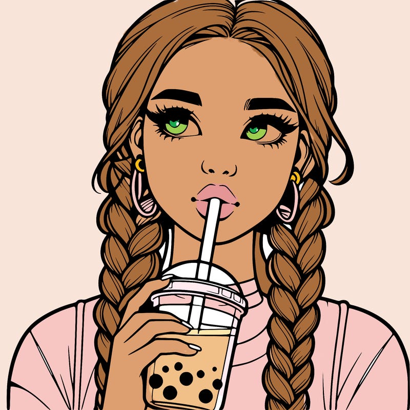 realistic girl with braided hair drinking boba