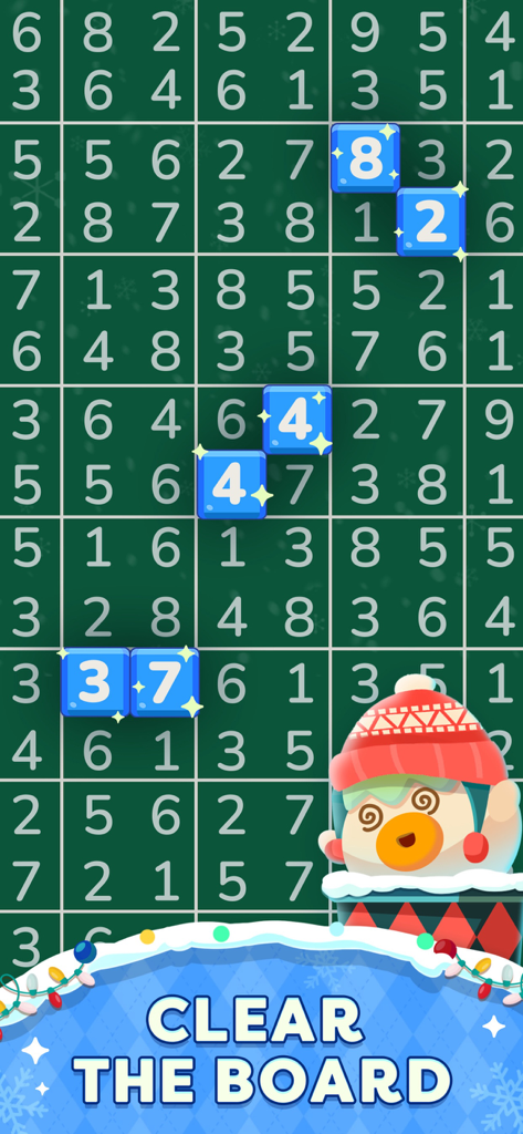 NumMatch logic puzzle interface showing number matching on a grid with a winter theme
