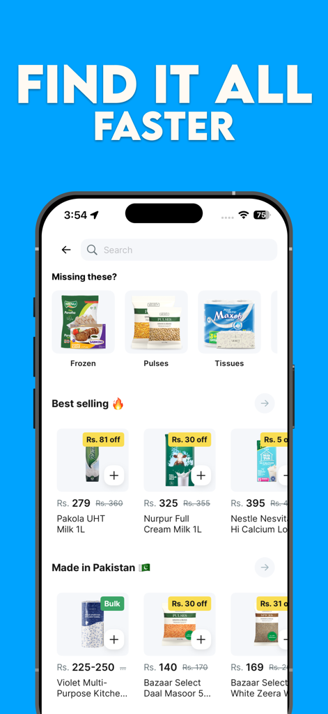 Mobile interface of the Bazaar app showing best selling grocery products in Pakistan like milk and lentils