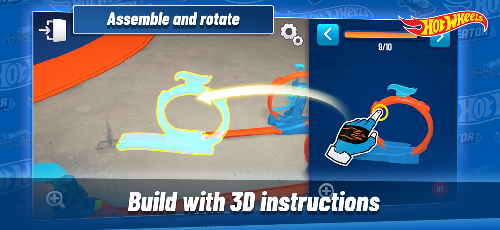 Hot Wheels Track Creator app showing 3D interactive assembly instructions for building a track piece