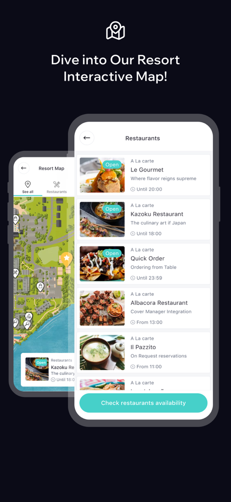 Mapa interactivo del resort y listados de restaurantes en la aplicación STAY Hotel Guest App