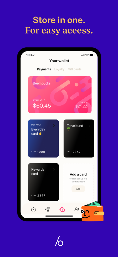 Panel de la billetera digital Beem mostrando tarjetas de pago y saldo