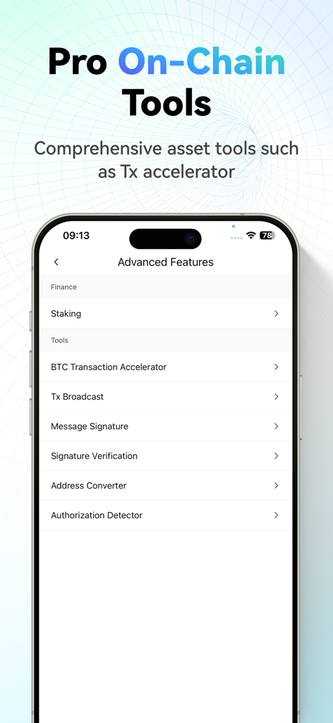 CoinEx Wallet - Crypto & DeFi - Interfaz de la aplicación CoinEx Wallet mostrando herramientas profesionales on-chain como acelerador de transacciones y staking.