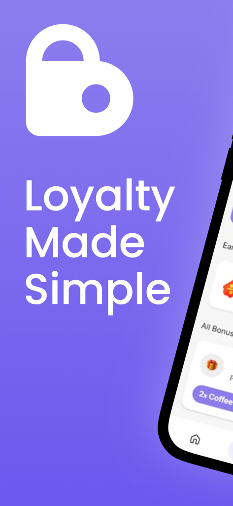 「ロイヤルティはシンプルに」というスローガンが紫色の背景に表示されたBonusQRアプリの紹介画面