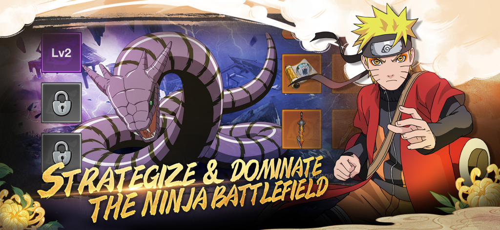 Naruto Uzumaki in Sage Mode standing beside a giant purple spirit beast snake on a battlefield