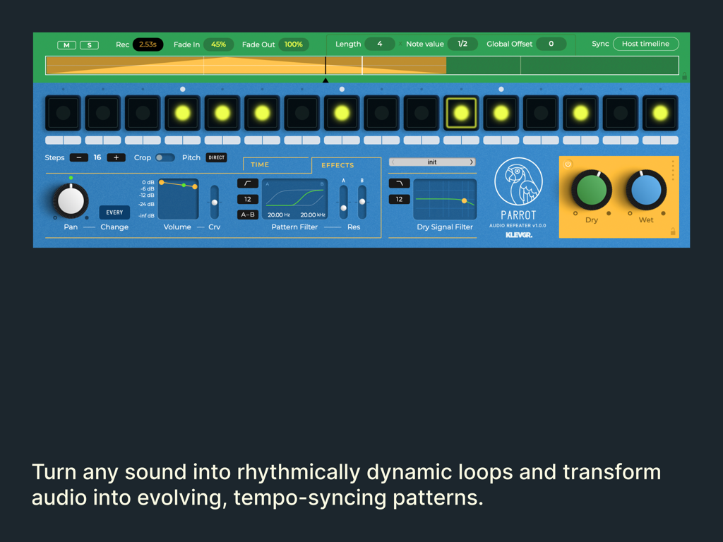 UI of the Parrot audio repeater app showing step sequencer and sound effects controls