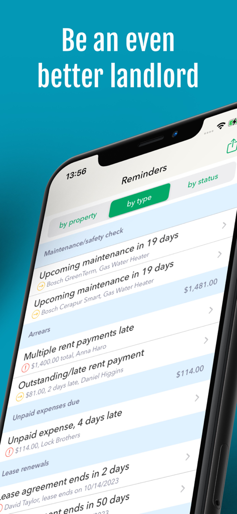 Landlordy App-Erinnerungsbildschirm, der bevorstehende Wartungen, verspätete Mietzahlungen und Benachrichtigungen zur Mietvertragsverlängerung zeigt.