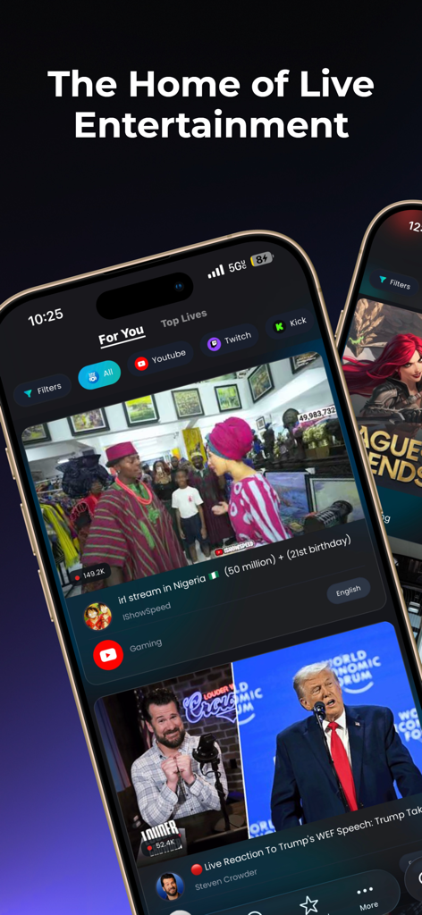 WhosLive: Live Streaming - YouTubeやTwitchなどのプラットフォームからのライブストリームの統一されたフィードを示すWhosLiveアプリインターフェイス