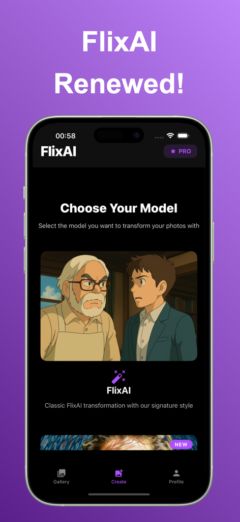 Flix AI - Screen of Flix AI app showing the selection of an anime transformation model with an illustrative sample.