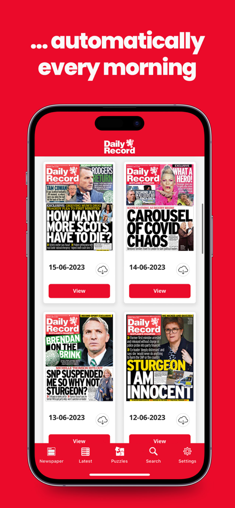 Interface of the Daily Record app showing multiple daily newspaper editions available for digital reading