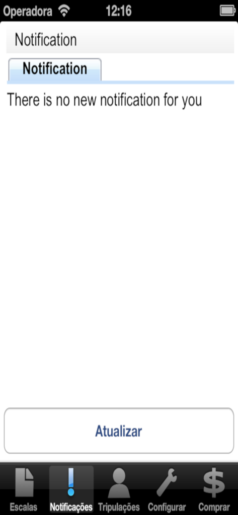 CrewLink Manager - A tela de notificações do aplicativo CrewLink Manager mostrando que não há novas mensagens e um botão de atualização.