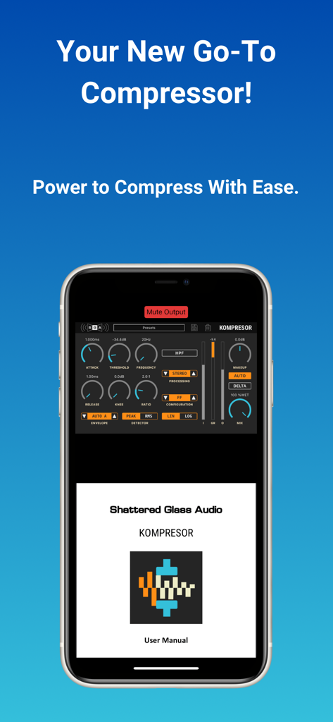 Kompresor - Interface du plugin audio Kompresor pour iOS montrant des contrôles professionnels de compression audio et de mastering sur un iPhone