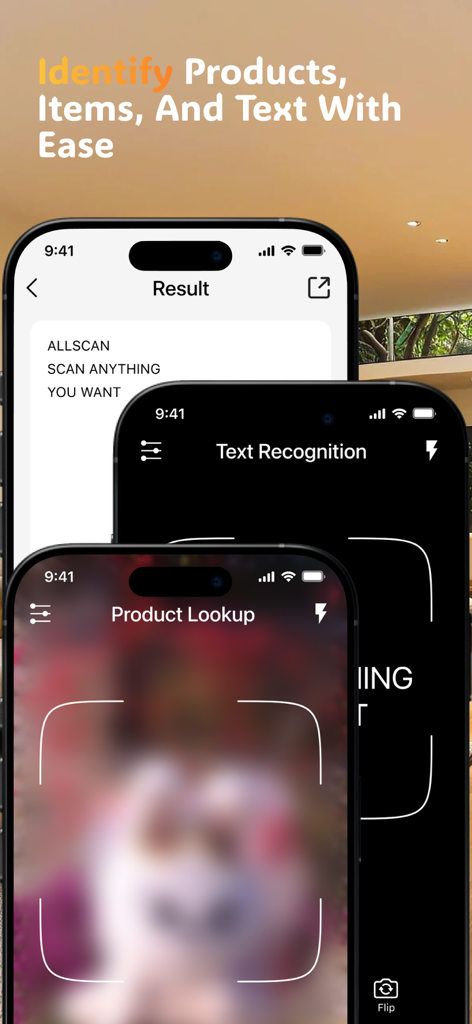 AllScan – QR & Barcode Reader - AllScan app screens showing product lookup and text recognition features