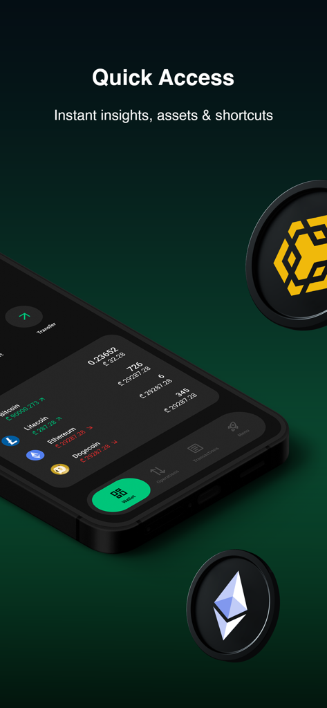 Coinmania app interface showing the quick access wallet feature with various cryptocurrencies