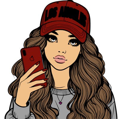 realistic beautiful girl wearing los ángeles cap holding an iphone
