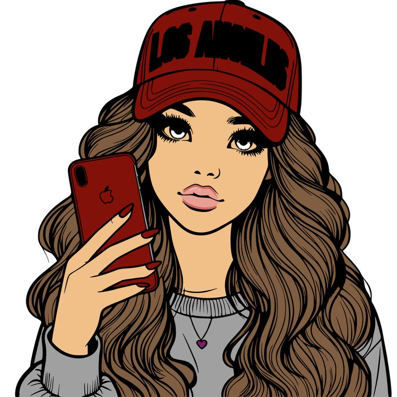 realistic beautiful girl wearing los ángeles cap holding an iphone