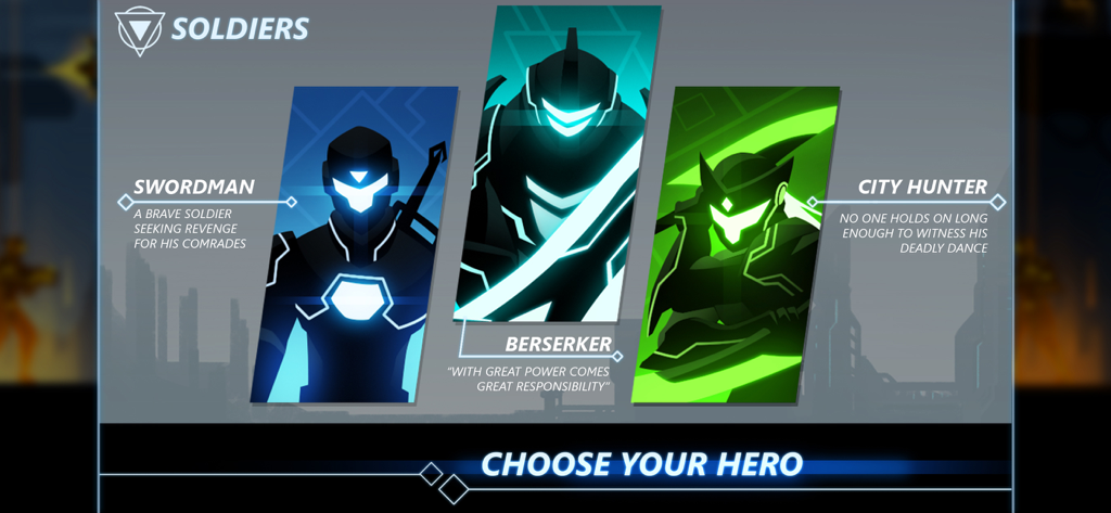 Overdrive Ninja Shadow - Swordman BerserkerとCity Hunterキャラクターが登場するOverdrive Ninja Shadowのヒーロー選択画面