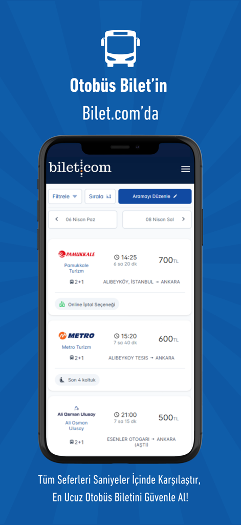 Bilet.com: Uçak Otobüs Feribot - Mobile app screen from Bilet.com showing bus travel options from Istanbul to Ankara with prices and departure times.