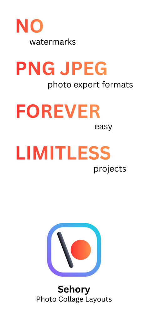 Sehory - Photo Collage Layout - Las características de la aplicación Sehory muestran sin marcas de agua y múltiples formatos de exportación de fotos