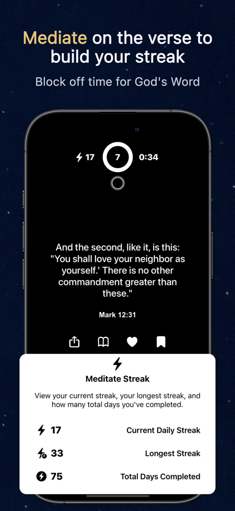Bible Hour: Daily Verse Alerts - Bible Hour app interface showing the meditation timer for a daily verse and user streak statistics.