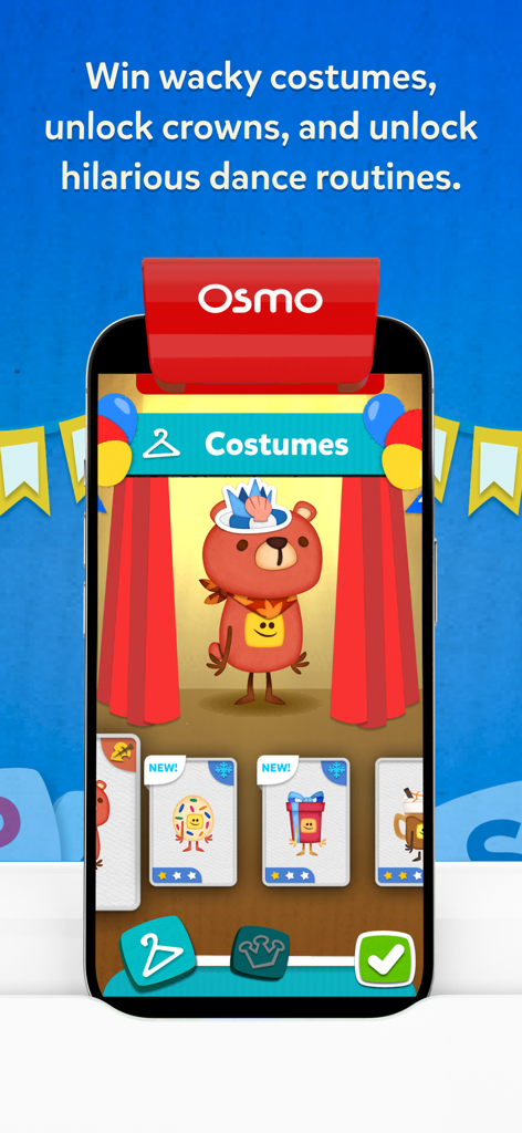 A character in the Osmo Words app wearing a wacky costume with options to unlock more rewards