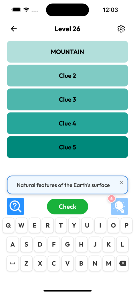 PinPoints - Word Guessing Game - PinPoints word guessing game interface showing level 26 with word clues and keyboard