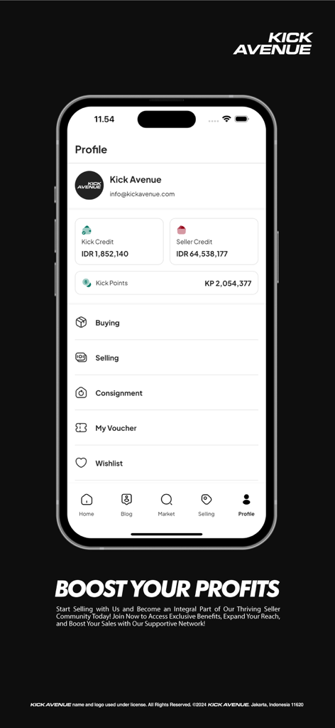 Oberfläche des Kick Avenue Benutzerprofils mit Kontostand und Menü